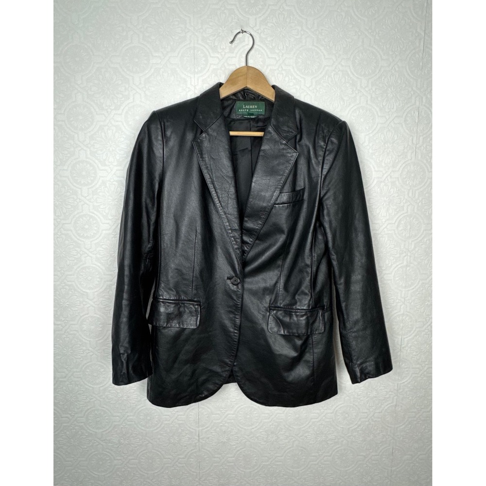 Lauren Ralph Lauren Vintage 90s Black Leather Blazer Jacket Grunge Y2K Size 6